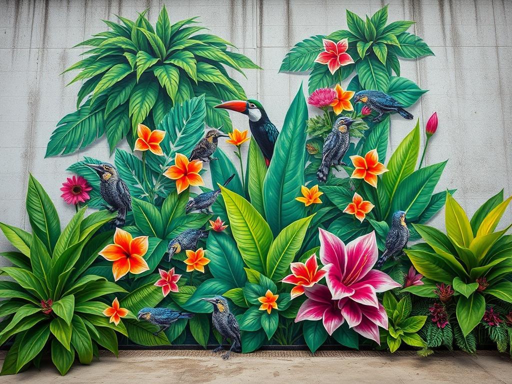 A stunning mural depicting a vibrant urban jungle, featuring lush