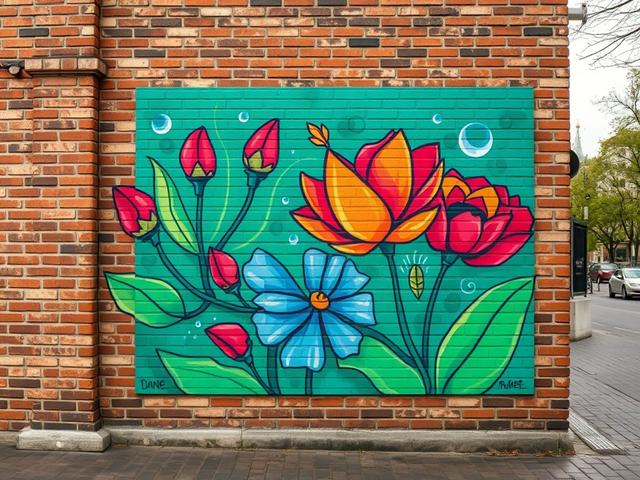 Create a stunning, high-resolution image that captures the essence of "Exploring Warsaw's Vibrant Murals." The scene should focus on a single, striking mural on a brick wall, depicting a dynamic blend of bright colors and intricate designs that reflect the culture and energy of Warsaw. The mural should feature bold, vibrant shades of green, blue, red, and yellow, illustrating elements such as flowers, geometric patterns, or iconic Warsaw landmarks.

The composition should be minimalistic, with the mural as 