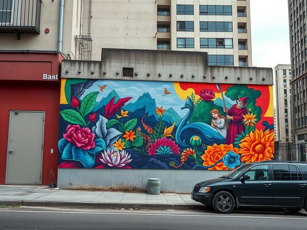 A vibrant mural on a city wall, showcasing bold colors and intricate details, set against a minimalistic urban background. The mural should depict a dynamic scene with figures and nature elements, emphasizing the beauty of street art. The composition should be simple and clean, focusing solely on the mural without distractions from surrounding architecture.