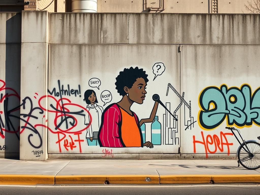 An engaging street art piece that reflects modern social issues, painted on a city wall. The image should focus on a single bold illustration, surrounded by urban elements like graffiti and concrete, with natural lighting that accentuates the colors and textures of the artwork.