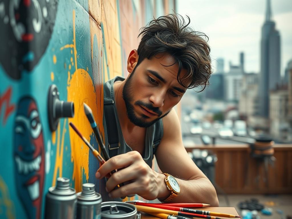 A close-up of an artist at work, painting a large mural. The composition should capture the artist’s focused expression and the vibrant colors on the wall. Include paintbrushes, spray cans, and other tools scattered around, with a blurred cityscape in the background to provide context.
