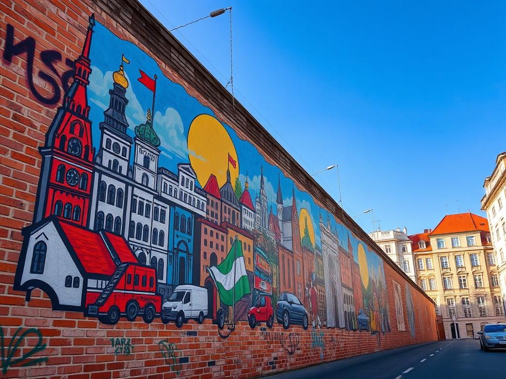 A vibrant mural showcasing the rich culture of Warsaw, featuring historical landmarks and colorful street art. The composition should highlight the mural on a brick wall with a clear blue sky in the background, emphasizing the intricate details of the artwork and the lively atmosphere of the city.