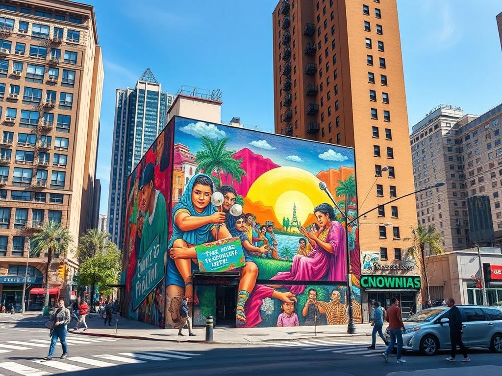 Create a realistic high-resolution image depicting a vibrant mural on the side of a city building to reflect the essence of a blog titled "The Vibrant World of Murals." The composition should focus on a single, striking mural that showcases bold colors and intricate details, emphasizing the artistry and craftsmanship involved in mural painting. The subject matter should feature a lively and engaging depiction of urban life, perhaps illustrating cultural diversity, community unity, or environmental themes. 

The background should consist of a clear, urban setting that complements the mural, featuring elements such as a bustling street scene with pedestrians admiring the artwork, and tall buildings that enhance the feeling of city life. Ensure the lighting captures the vibrancy of the colors in the mural, with natural sunlight enhancing the hues and shadows for depth. 

Avoid any text or abstract shapes in the image. The final piece should convey the significance of murals as a vital expression of urban culture, bringing vibrancy and character to city landscapes.