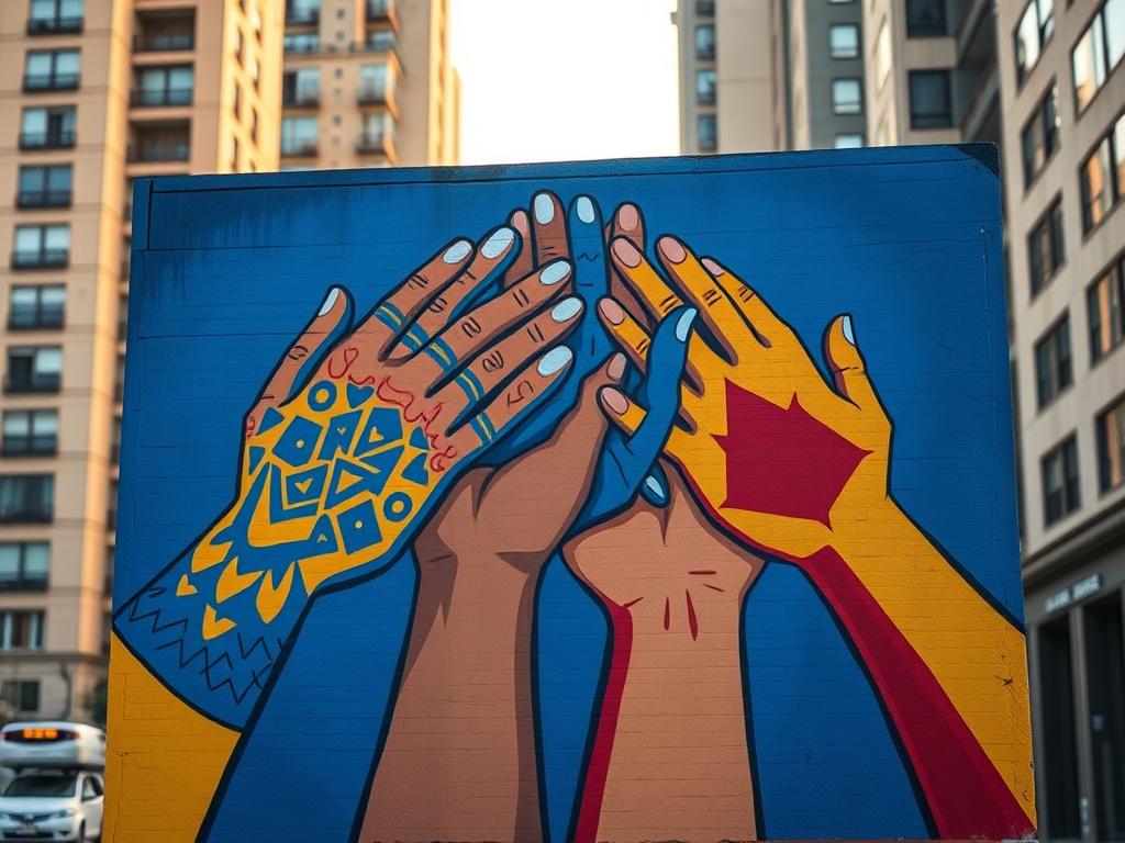 A vibrant mural depicting diverse hands coming together, symbolizing unity and collaboration. The artwork is set against an urban backdrop, showcasing a blend of bold colors like blues, yellows, and reds. The composition features intricate details in the hands, with various patterns representing different cultures. In the background, city buildings are softly blurred to emphasize the mural in the foreground. The lighting is warm, highlighting the mural's vibrant colors and inviting viewers to engage with the message of togetherness.