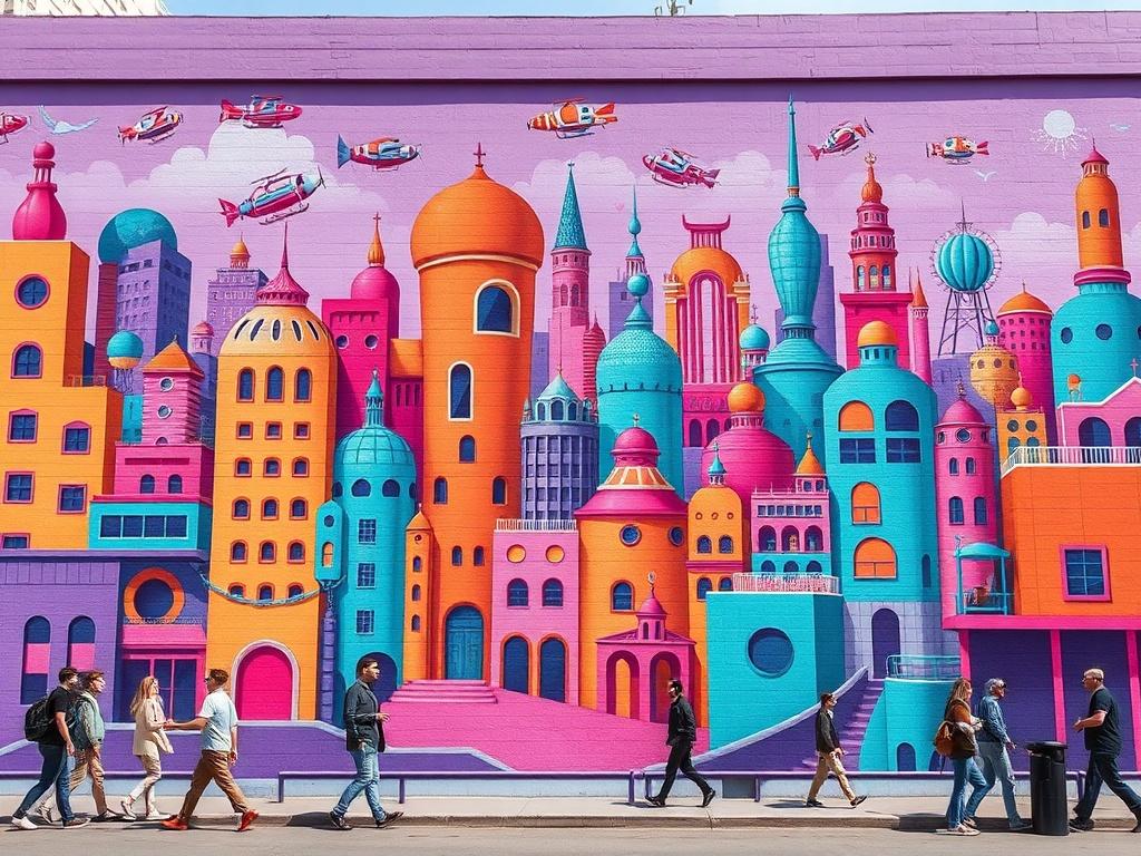 An imaginative mural portraying a whimsical cityscape filled with fantastical buildings and flying vehicles. The artwork bursts with color, featuring shades of purple, orange, and teal. The buildings have unique shapes and designs, inviting viewers to dream and explore. In the foreground, people can be seen interacting with the vibrant environment, adding life to the scene. The lighting is dynamic, creating a sense of movement and energy. This mural captures the essence of creativity and innovation in an urban setting.