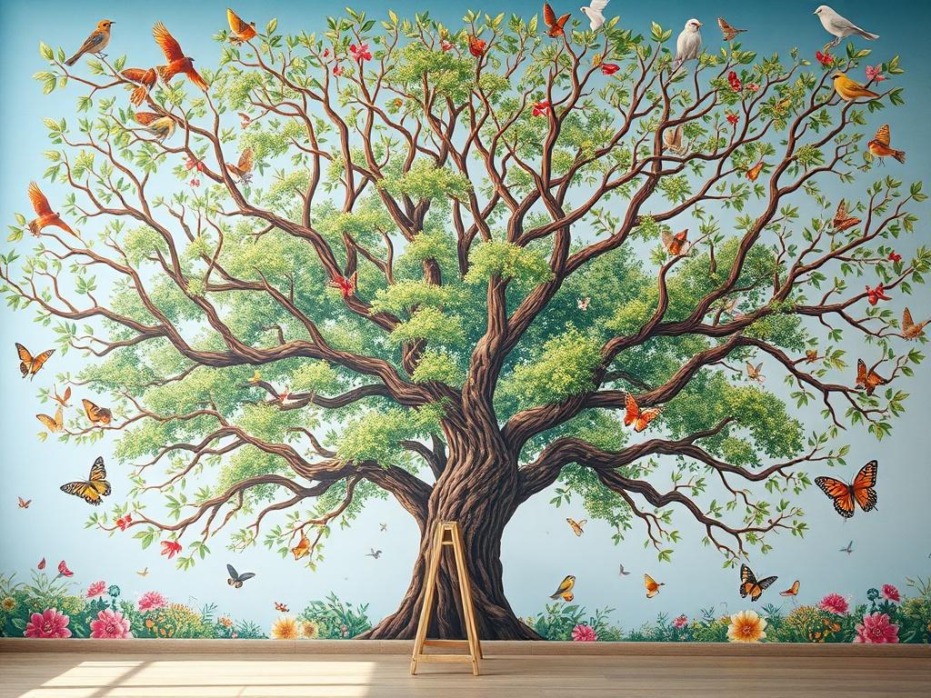 A stunning mural illustrating a large tree with sprawling branches and colorful leaves. The artwork captures the essence of nature, with animals like birds and butterflies integrated into the design. The background features a clear blue sky, enhancing the vibrancy of the mural. The tree is centered in the image, dominating the composition with its intricate details. The colors include rich greens, browns, and pops of color from the wildlife. The lighting is bright and cheerful, inviting viewers to appreciate the beauty of nature.