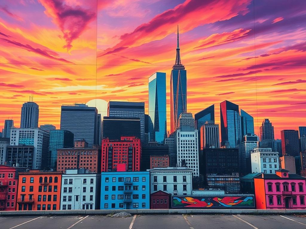 A vibrant mural of a city skyline at sunset, showcasing a blend of abstract and realistic elements. The foreground features stylized buildings with intricate details, while the background displays a colorful sky filled with bold oranges, pinks, and purples. The mural captures the essence of urban life and creativity, with various street art styles merging seamlessly. The composition focuses on the skyline, creating a striking visual impact that draws the viewer in.