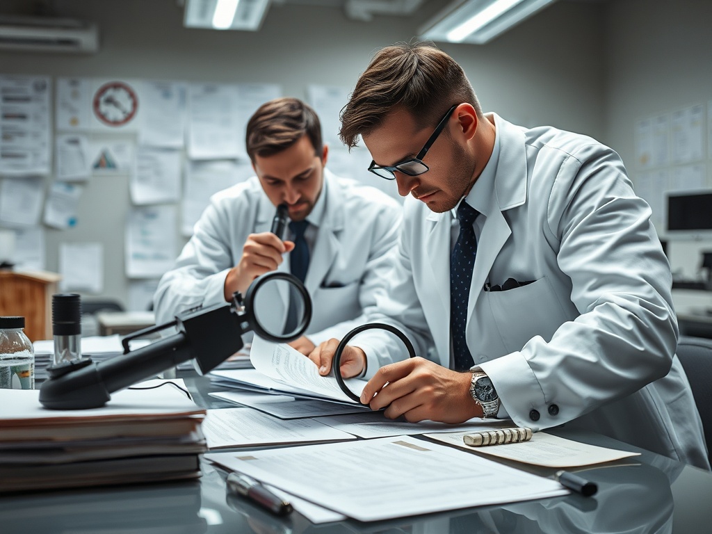 Professional investigative workspace with detailed evidence review