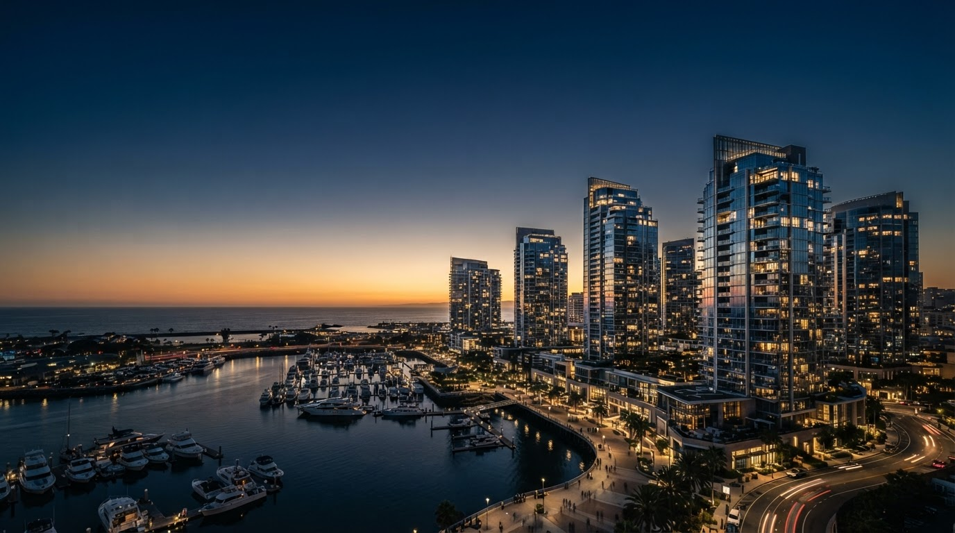 Modern harbor cityscape at golden hour