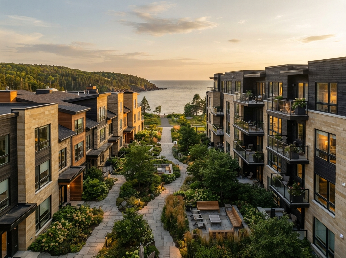Modern residential development with warm stone facades at golden hour