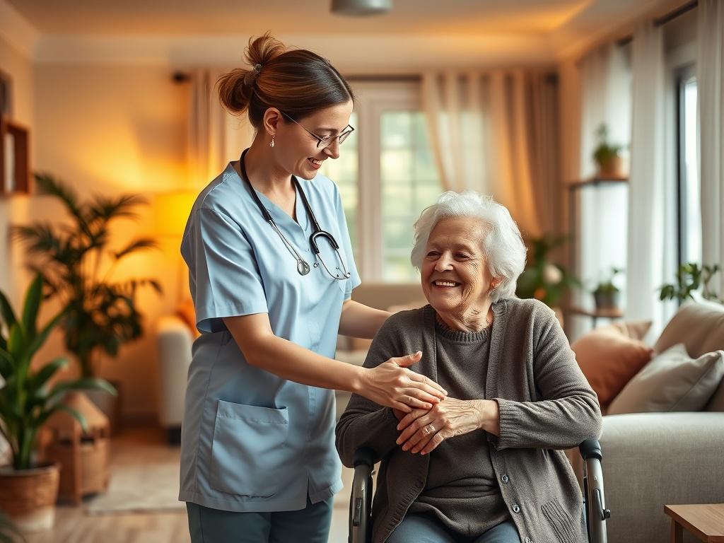 A serene indoor setting showcasing a cozy and inviting room with soft lighting and golden hues. In the center, a caregiver gently assists a smiling elderly woman, conveying warmth and compassion. The background features comforting furniture, plants, and subtle decorations that enhance the feeling of home.