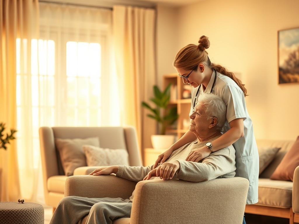A serene and cozy indoor environment showcasing a well-lit room with soft golden hues. In the foreground, a compassionate caregiver gently assists an elderly person in a comfortable armchair, conveying warmth and empathy. The background features soft furnishings and subtle decor elements that create a welcoming atmosphere, emphasizing tranquility and care.