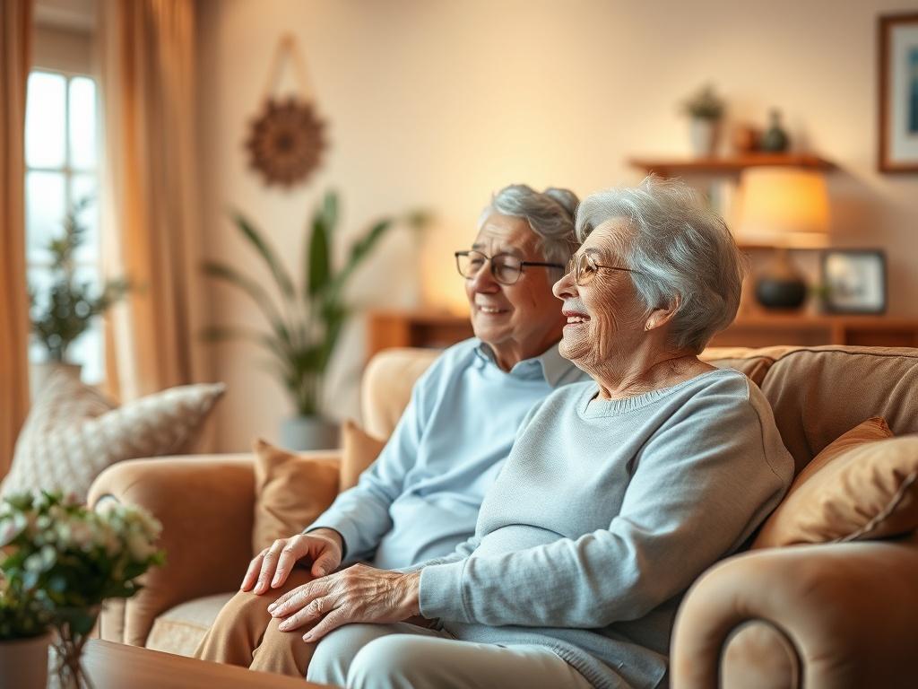 A serene home environment depicting a warm and inviting living room with soft golden lighting. A caregiver sits next to an elderly person, both sharing a joyful moment, surrounded by cozy furniture and serene decor. The ambiance conveys warmth, compassion, and comfort, emphasizing a caring relationship. The background features soft hues and a peaceful atmosphere.