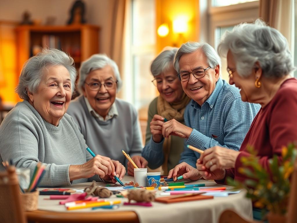 A cheerful group of elderly residents participating in a fun