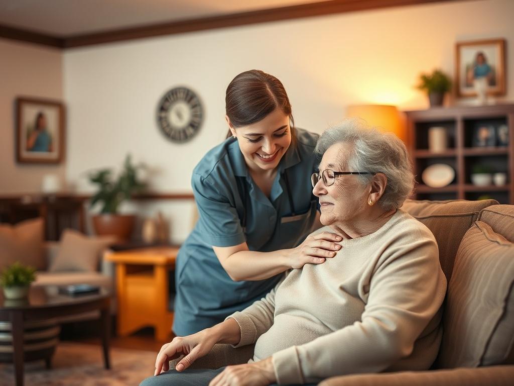 A caring staff member assisting an elderly resident in a