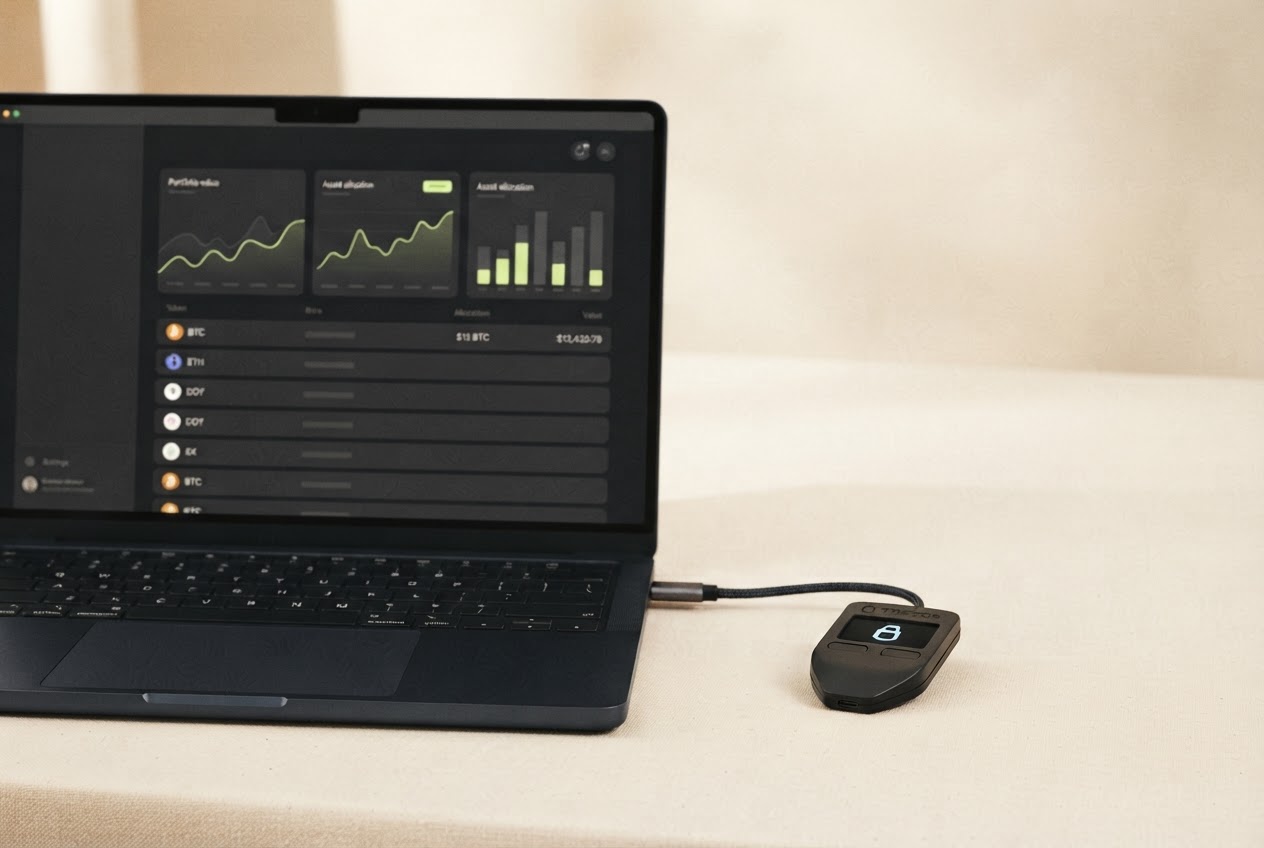 Trezor Suite portfolio displayed on a laptop beside a Trezor hardware wallet