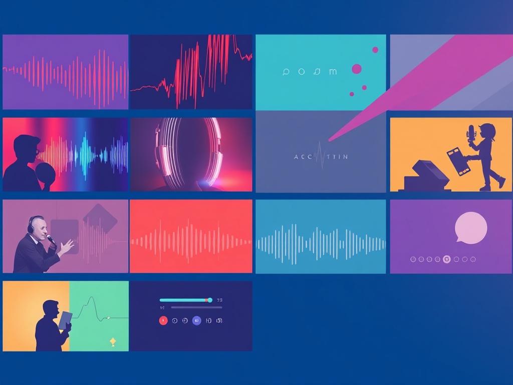 A visually appealing montage showcasing snippets from various podcast episodes,