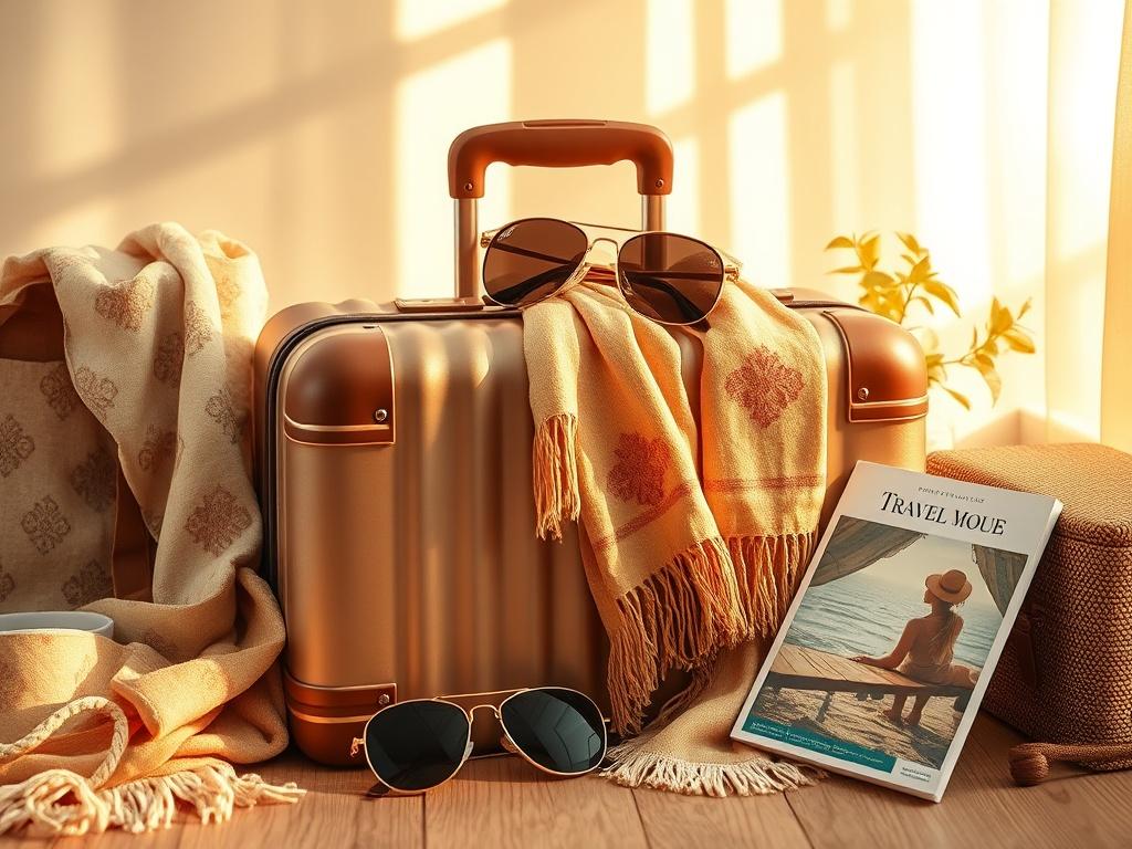 An elegant travel scene featuring a chic suitcase surrounded by