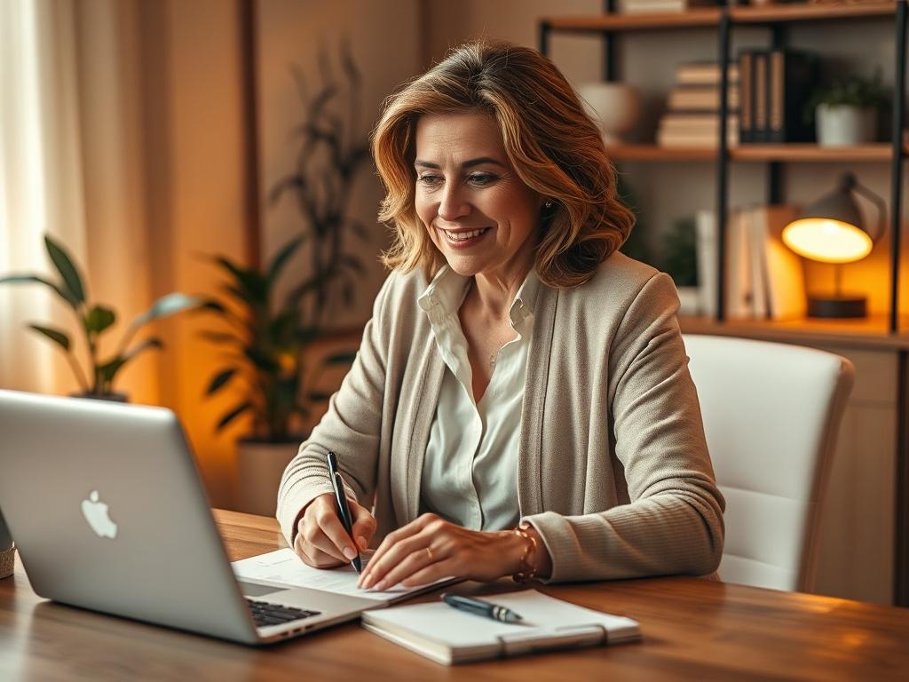 Create a realistic high-resolution photo that visually represents a blog post titled "Smart Investments for Women Over 40: Growing Wealth Wisely." The composition should be simple and clear, focusing on a single subject: a mature woman, around 50 years old, sitting thoughtfully at a well-organized desk. She should exude confidence and wisdom, with an inviting smile. 

The woman should have medium-length, wavy hair, dressed in a sophisticated yet casual outfit—perhaps a light blouse paired with a tailored ca
