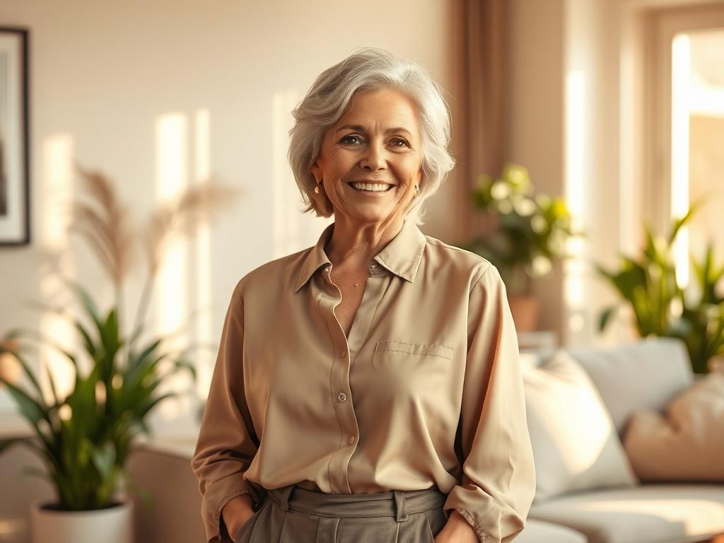 **AI Image Generation Prompt:**

Create a realistic high-resolution photo that captures the essence of "Embracing Confidence After 50+". The composition should be simple and clear, featuring a single mature woman as the subject. She should exude confidence and warmth, with a genuine, uplifting smile. Her hair should be styled gracefully, either short or medium-length, showcasing a natural look that highlights her age beautifully. Dress her in stylish, comfortable attire that embodies sophistication—perhaps 