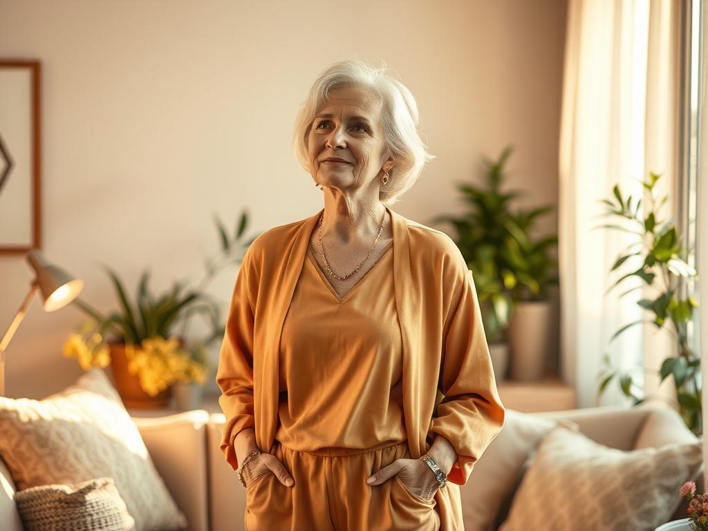 **AI Image Generation Prompt:**

Create a realistic high-resolution photo that embodies the theme of "Building confidence at every age: tips for mature women 50+". The composition should focus on a single mature woman, an embodiment of confidence and grace, aged 50 or above. She stands comfortably in a serene, softly lit environment that radiates warmth and tranquility, reflecting the golden hues associated with confidence and growth.

The subject should be positioned in the center of the frame, wearing a s