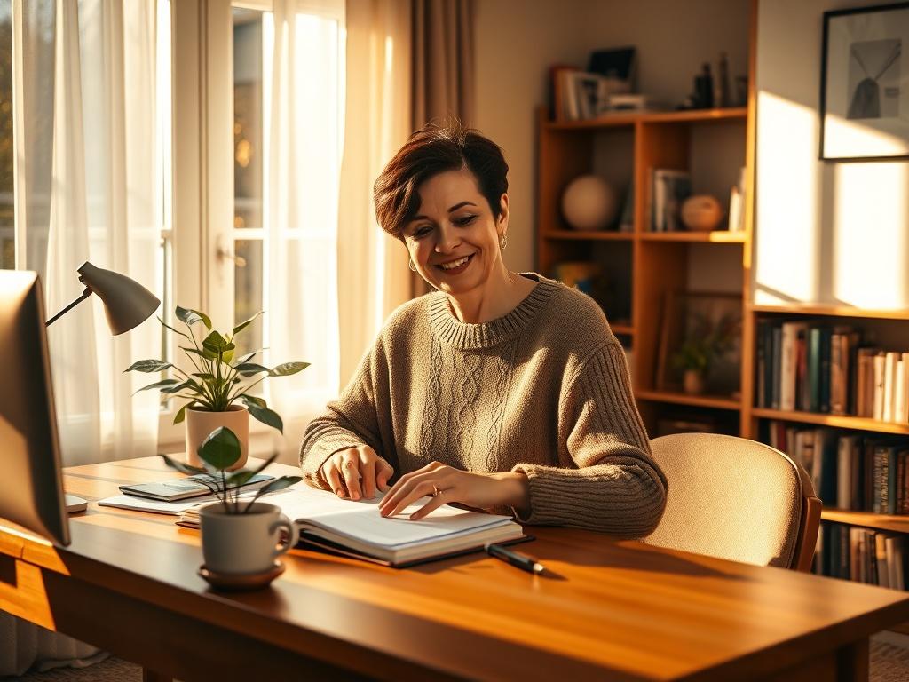 Create a realistic high-resolution photo featuring a confident mature woman sitting at a wooden desk in a cozy home office setting. The woman, in her 50s, with stylish short hair and a warm smile, is engaged in deep thought as she edits her planner. She wears a soft, elegant sweater in earth tones, reflecting a sense of comfort and professionalism. The desk is organized, adorned with a few personal touches like a small potted plant and a steaming cup of herbal tea. 

The background should showcase a softly 