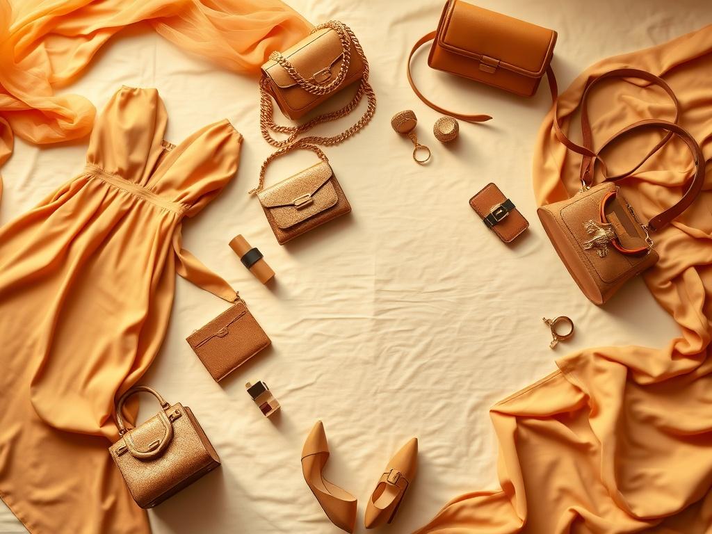 A beautifully arranged flat lay of various fashion items including elegant dresses, stylish handbags, and accessories, all in warm golden hues. The background should be soft and serene, creating an inviting atmosphere that reflects sophistication and confidence. Each item should be clearly visible and well-lit, showcasing their quality and design.