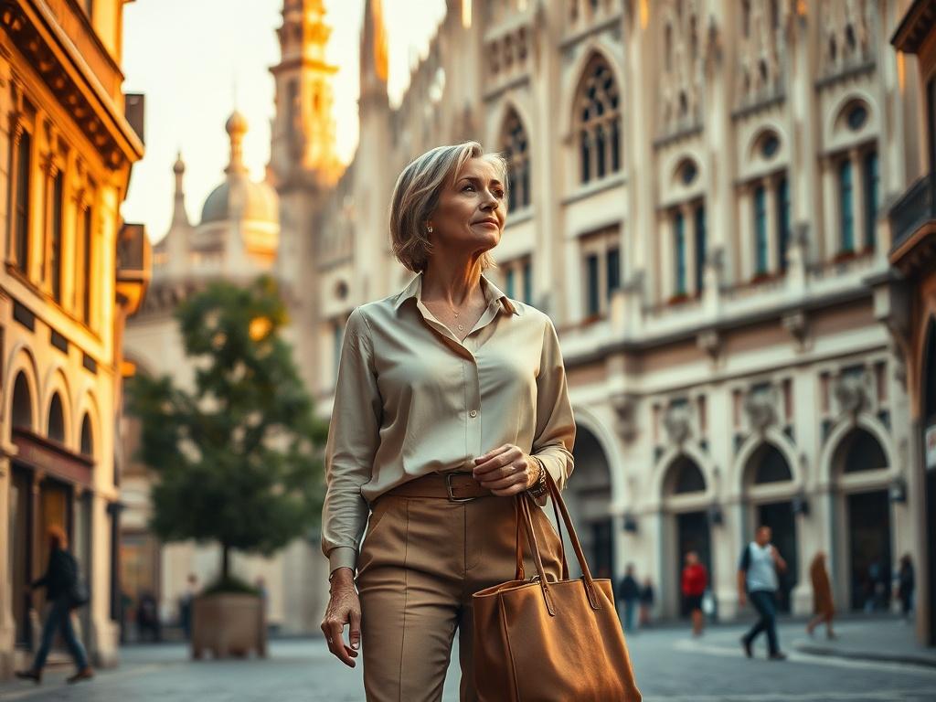 **AI Image Generation Prompt:**

Create a realistic high-resolution photograph that captures a stylish mature woman exploring the vibrant streets of Milan, embodying the essence of confidence and sophistication. The woman, dressed in a chic outfit that reflects Italian fashion—think tailored trousers and an elegant blouse—stands in the foreground, with a serene expression as she admires a beautiful historic building adorned with intricate architecture. 

Composition should focus solely on her, with a shallo