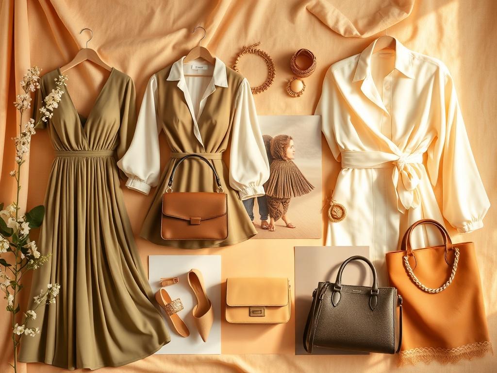 A beautifully curated fashion mood board designed specifically for mature women. The mood board features a mix of elegant clothing styles, accessories, and colors that resonate with sophistication and confidence. Include images of flowing dresses, chic blouses, stylish handbags, and tasteful jewelry. The background should be soft and inviting, with warm golden hues to create a serene atmosphere. The layout should be simple and organized, showcasing a balanced composition that highlights the fashion items.