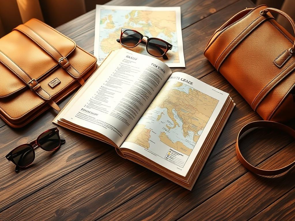 A cozy, golden-hued image of an open travel guide on a wooden table, surrounded by travel essentials like a stylish handbag, sunglasses, and a map. Soft lighting creates a serene atmosphere, emphasizing the guide's importance for confident mature women travelers.