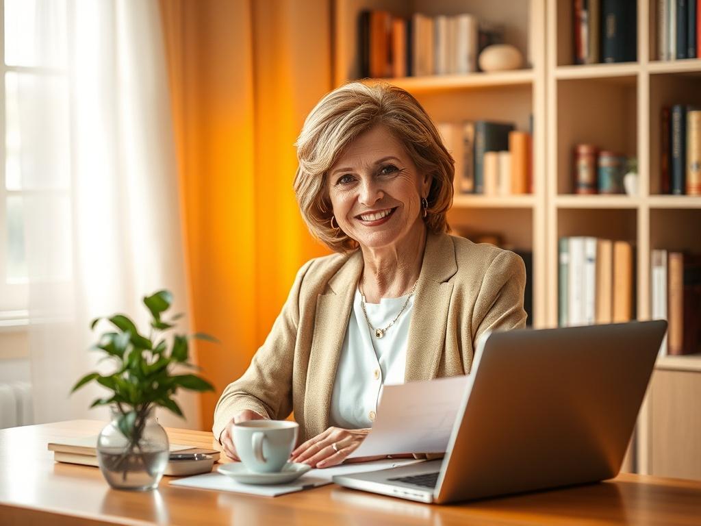 Create a realistic high-resolution photo capturing the essence of a mature woman named Christine, symbolizing her inspiring journey of starting a business after 40. She is seated at a cozy, well-lit desk in a soft, golden-hued room, reflecting a serene and inviting atmosphere. Christine should be portrayed with a warm smile, wearing stylish yet age-appropriate attire that exudes confidence. 

The composition should focus solely on her as the subject, emphasizing her engaging demeanor and thoughtful expressi