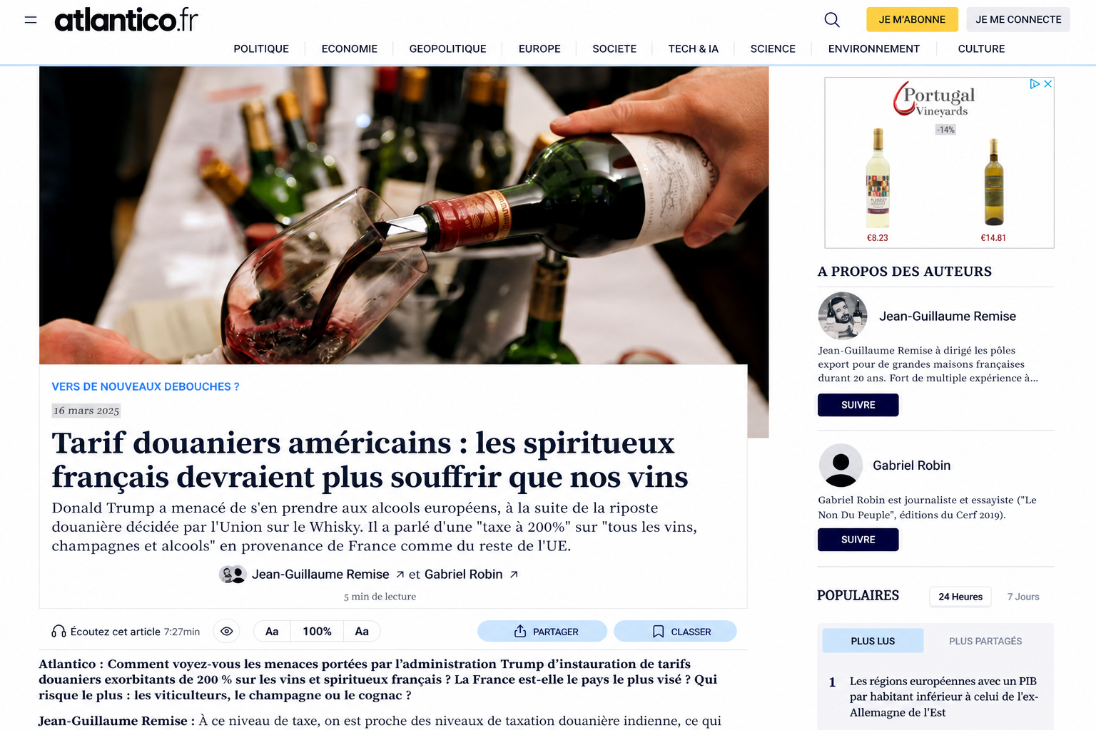 Atlantico press feature about American tariffs on French wine and spirits