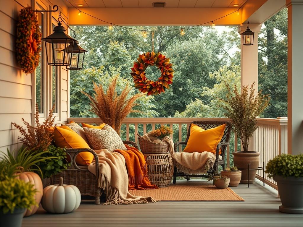 A cozy porch styled with seasonal decorations including a vibrant