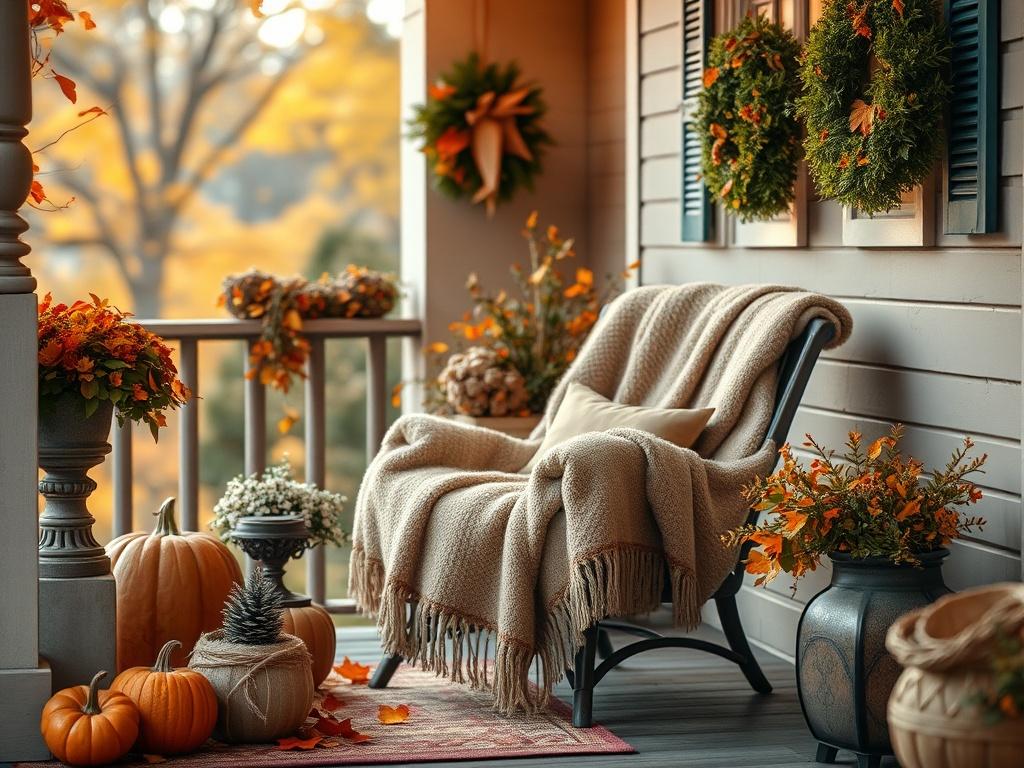 A serene porch setting with cozy seating, surrounded by seasonal