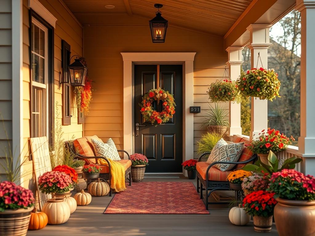 A cozy, beautifully styled porch with seasonal decorations, featuring soft