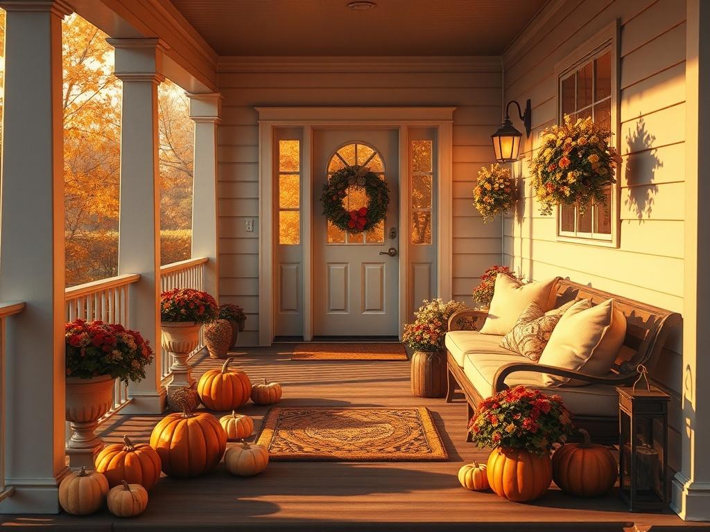 A cozy porch scene bathed in golden hues and soft