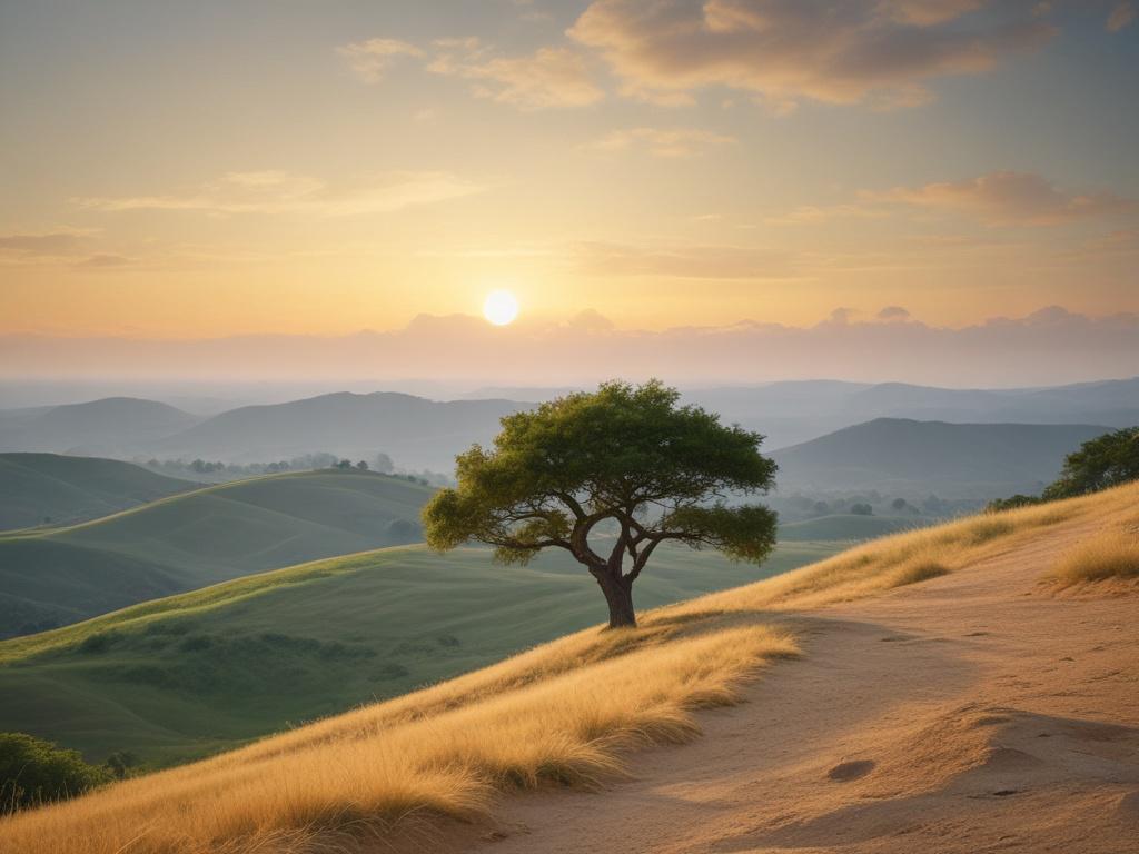 A serene natural landscape with soft lighting, featuring gentle hills