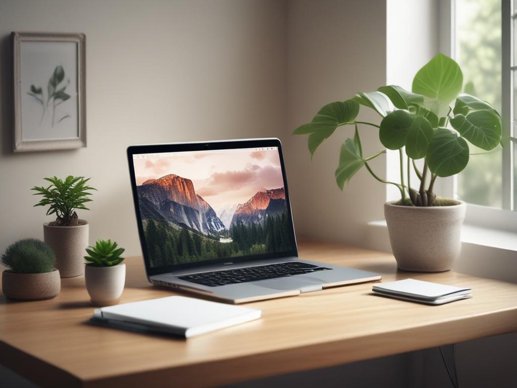 a calming workspace with a laptop and a plant, bathed