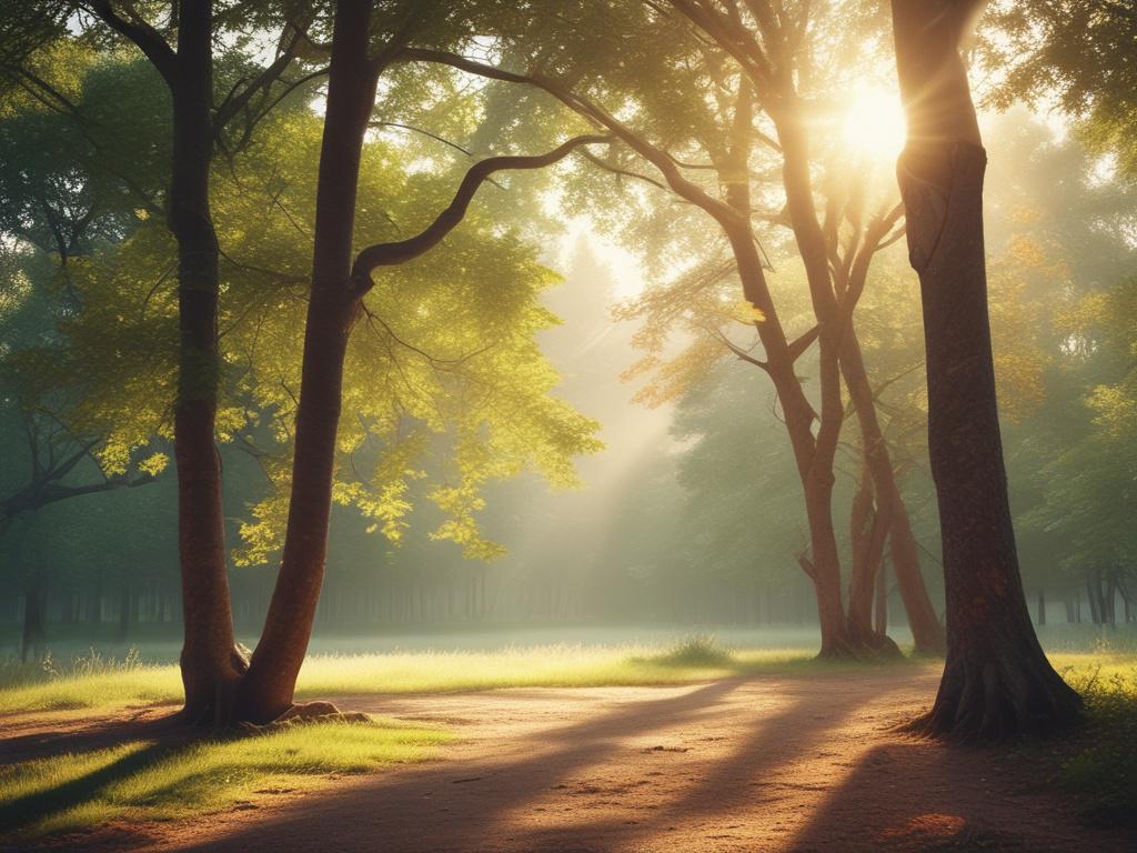 a serene nature scene with soft sunlight filtering through leaves,