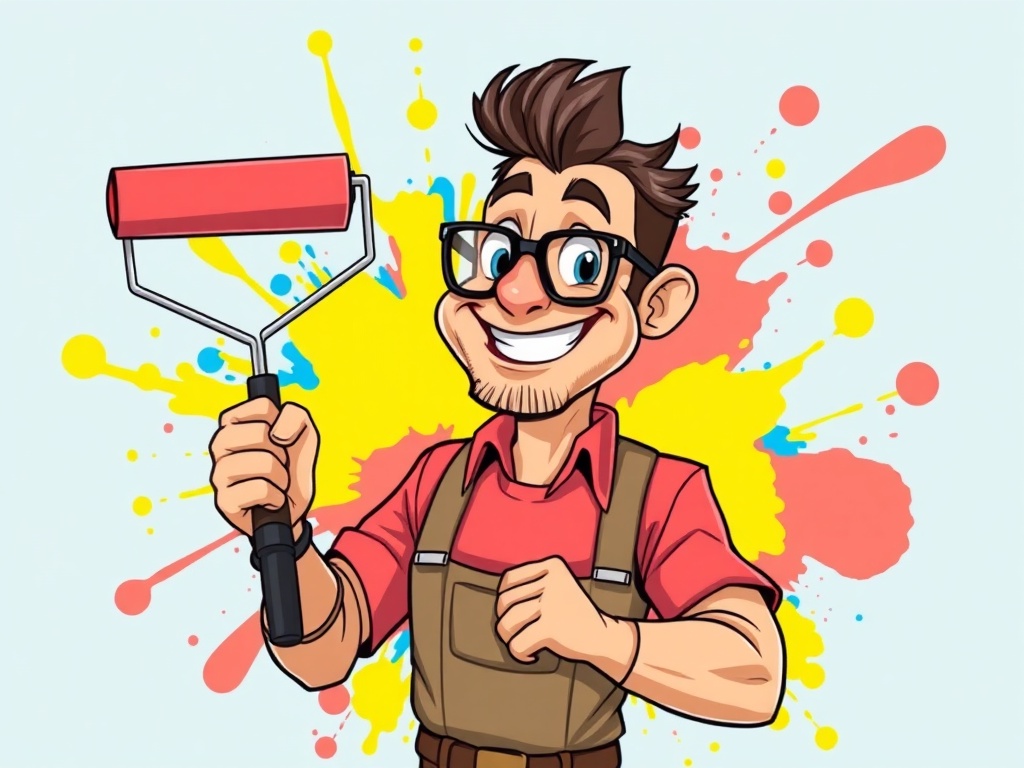 Professional painter with paint roller and colorful splashes