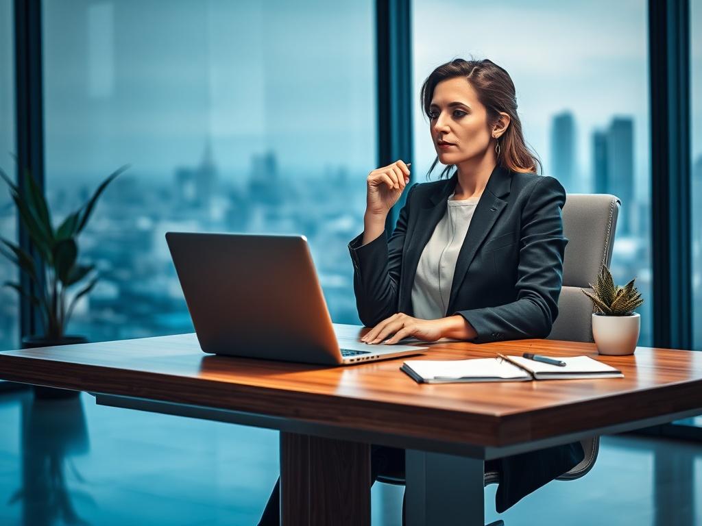 Create a realistic high-resolution image that encapsulates the concept of "Unlocking Growth Through Smart Strategy." The composition should feature a single subject, a confident businesswoman in her mid-30s. She is seated at a sleek, modern wooden desk that exudes sophistication. The woman is engaged in thoughtful contemplation, with a laptop open in front of her, displaying strategic business graphs on the screen. Her attire is professional yet stylish, incorporating rich blues and soft grays that harmonize with the theme. 

The background should feature a minimalist office space that conveys an atmosphere of clarity and focus. A large window floods the room with natural light, showing a panoramic view of a city skyline in soft focus, hinting at potential opportunities and growth outside. Subtle elements, like a potted plant and a notepad filled with ideas, can be included to enhance the realism without cluttering the scene. The overall tone should evoke a sense of empowerment, emphasizing how tailored strategies can elevate a business to new heights. Overall, the image should inspire viewers while remaining clean, sharp, and professional.