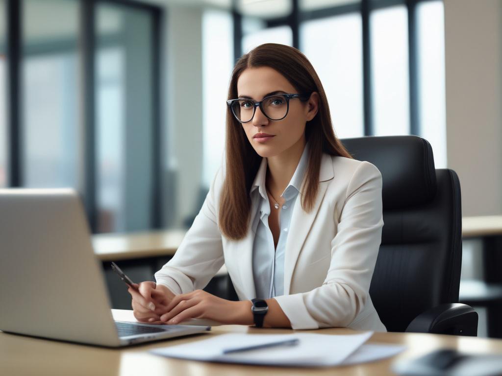 A confident businesswoman in a modern office setting, sitting at a sleek desk with a laptop open in front of her. She's engaged in a focused conversation, with a thoughtful expression and a notepad beside her. The background features a large window showcasing a cityscape, symbolizing opportunity and growth. The lighting is warm and inviting, enhancing the professional atmosphere.