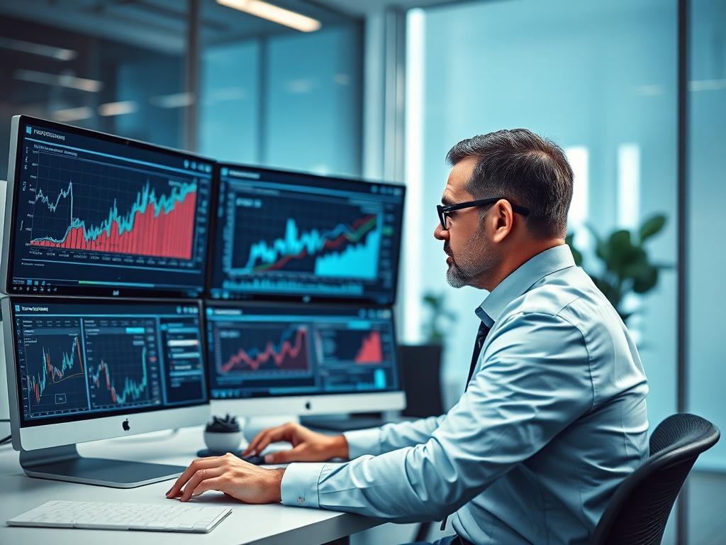 A high-resolution image depicting a professional consultant in a modern office setting, analyzing data on multiple screens with charts and graphs related to capital markets. The background should reflect a sophisticated financial environment with cool-toned colors, primarily rich blues and soft grays, creating a calm yet intellectually stimulating atmosphere.