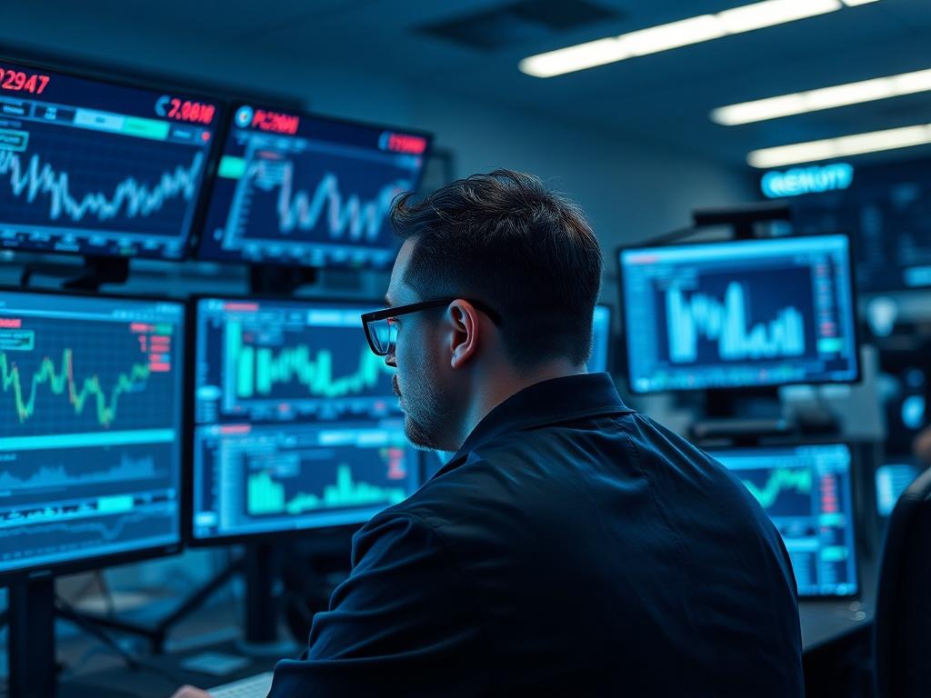 A high-resolution image featuring a trader focused on multiple monitors displaying algorithmic trading data and analytics. The environment should convey a sense of high-tech sophistication, with a cool-toned atmosphere that highlights shades of blue and gray.