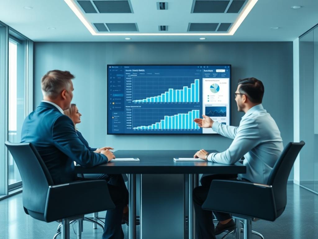 A high-resolution image showcasing a capital markets expert presenting a financial model on a digital screen to a group of business professionals. The setting should be a sleek conference room, emphasizing collaboration and strategic planning, with a cool-toned color palette of blues and grays.