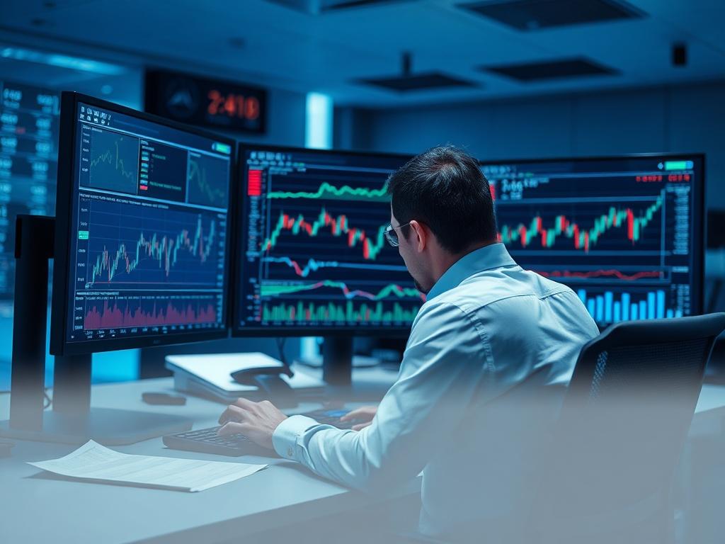 A professional setting featuring a financial analyst at work, analyzing currency charts on multiple screens. The environment is cool-toned with shades of rich blues and soft grays, emphasizing a focused and high-tech atmosphere. The analyst is engaged in deep concentration, with graphs and data displayed prominently on the screens. The background should convey a sense of innovation and strategy in the capital markets.
