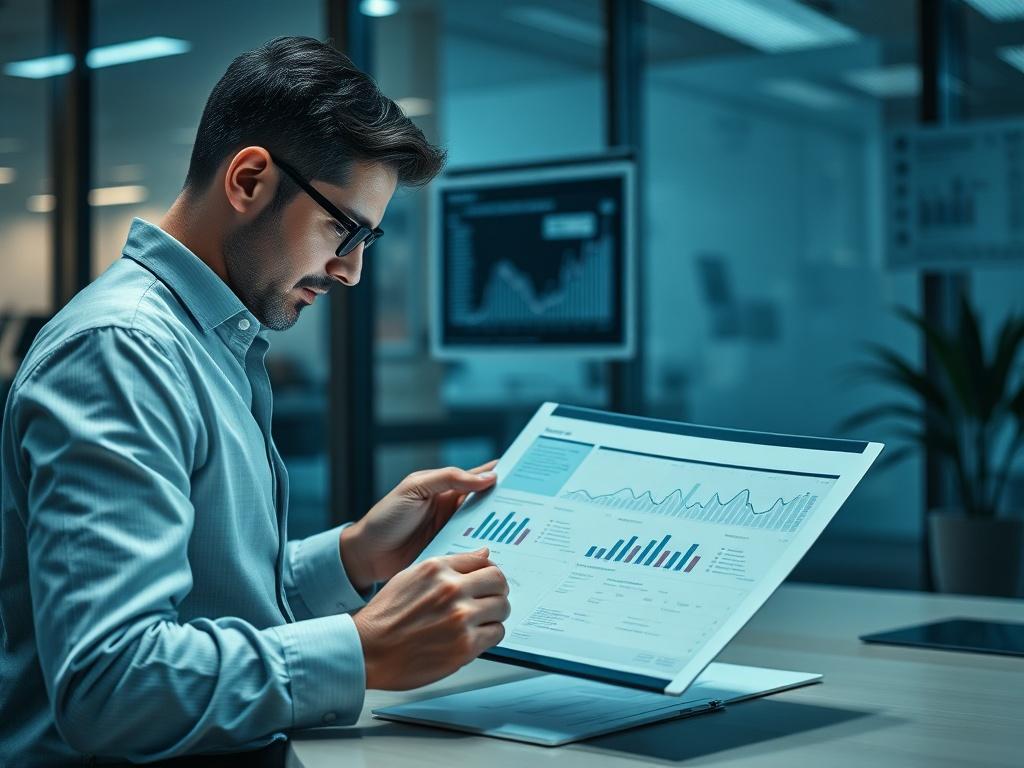 An investment strategist working on a digital tablet in a modern office, reviewing a detailed capital structuring plan. The scene is cool-toned with rich blues and soft grays, highlighting the importance of strategy in investment decisions. The background includes charts and graphs that represent financial data, creating an atmosphere of professionalism and focus on capital allocation.