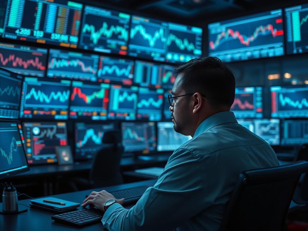 A sophisticated trading room filled with screens displaying real-time trading data. A trader is focused on algorithmic trading models, surrounded by visuals of charts and analytics. The environment is cool-toned with shades of rich blues and soft grays, emphasizing a high-tech and dynamic trading atmosphere. The background should reflect a blend of technology and strategy in the world of algorithmic trading.