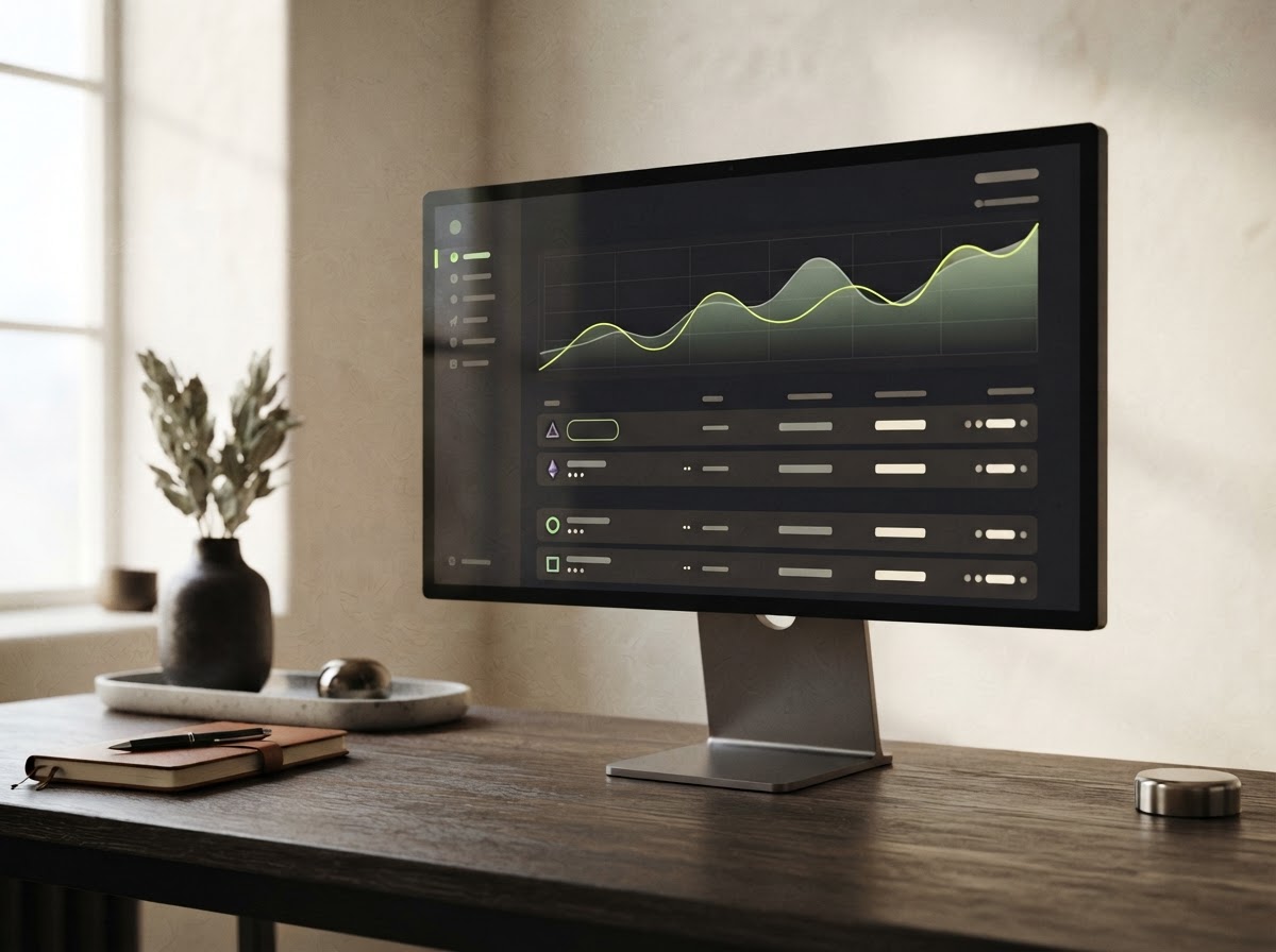Desktop monitor displaying a sample crypto portfolio dashboard