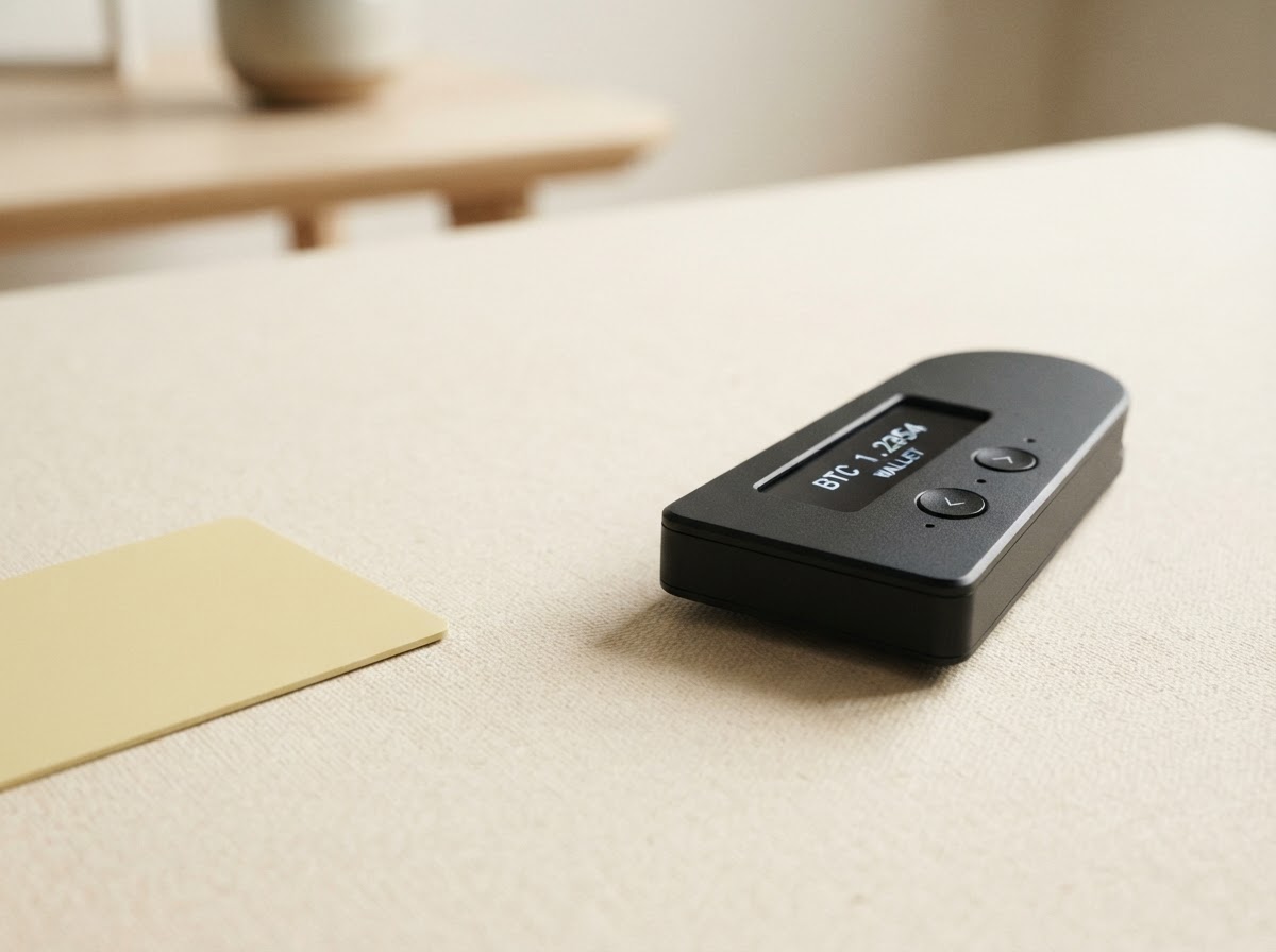 Black hardware wallet on a softly lit neutral background